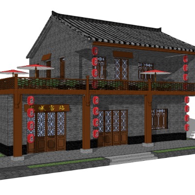  中式古建民宿外观su模型下载 