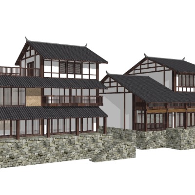  新中式古建民居外观su模型下载 