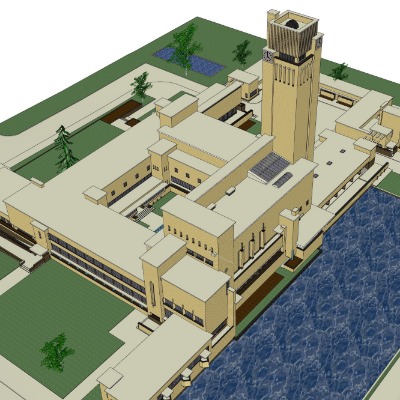  现代学校建筑鸟瞰su模型下载 