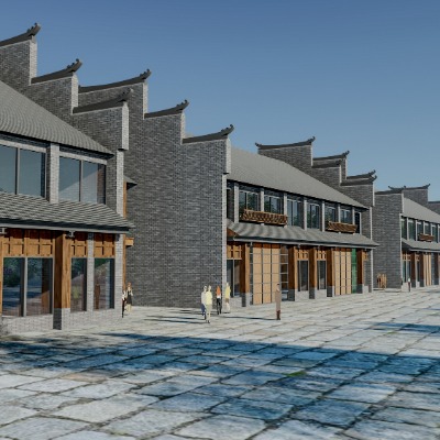  新中式小镇商业街su模型下载 