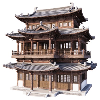  中式古建木楼阁楼su模型下载 