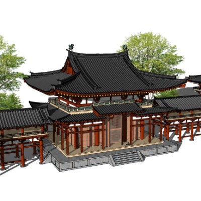  中式古建亭子观景台连廊su模型下载 