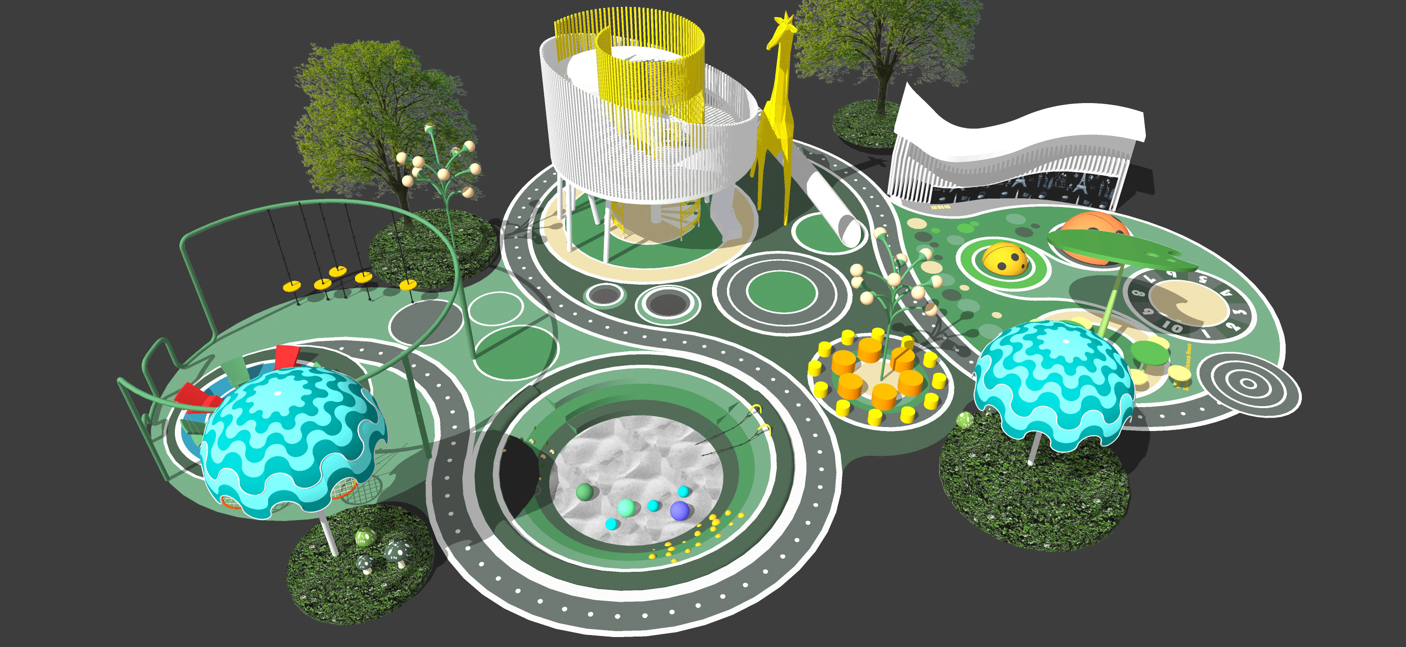  现代糖果主题儿童游乐区 活动区乐园 滑梯 景观灯 儿童景墙 沙坑 蘑菇su模型下载 