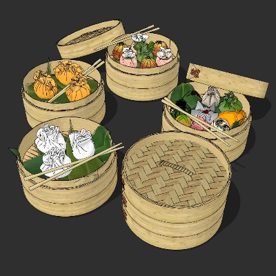  现代蒸屉 小笼包su模型下载 