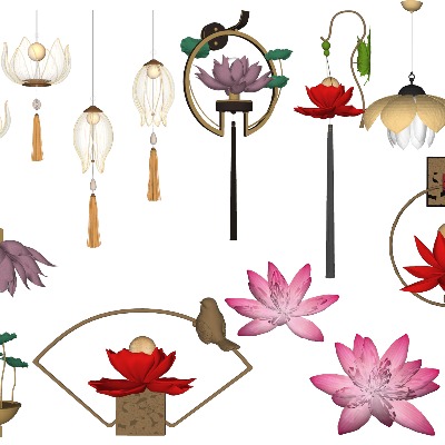  新中式莲花荷花壁灯装饰灯su模型下载 