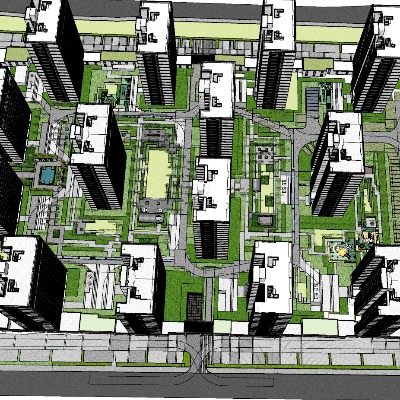  现代住宅小区鸟瞰su模型下载 