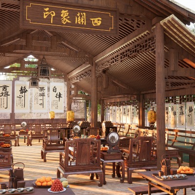  中式楼阁会客厅 廊亭客厅 私家园林聚会 会晤会议su模型下载 