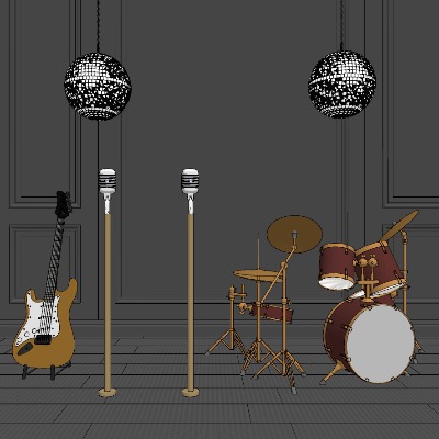  现代架子鼓吉他麦克风乐器su模型下载 