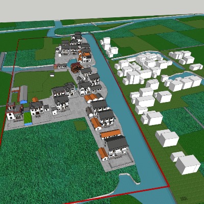  新中式乡村鸟瞰su模型下载 