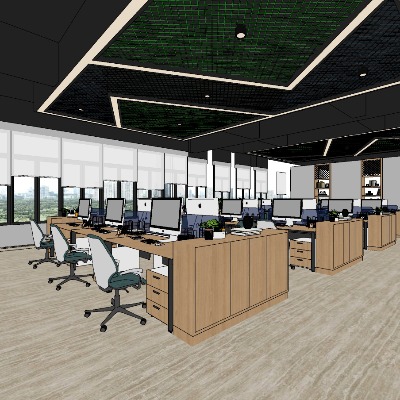  现代敞开式办公室su模型下载 