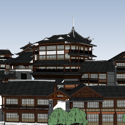  中式旅游景观小镇su模型下载 