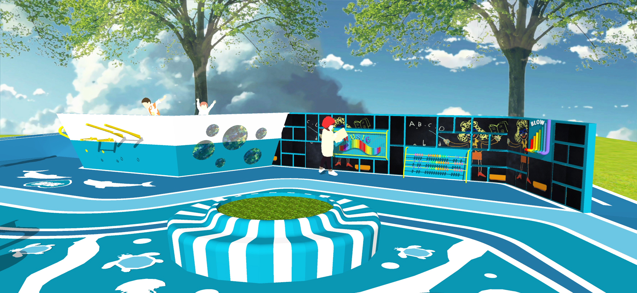  现代海洋主题儿童游乐区 活动区乐园 滑梯 摇摇车 景墙su模型下载 