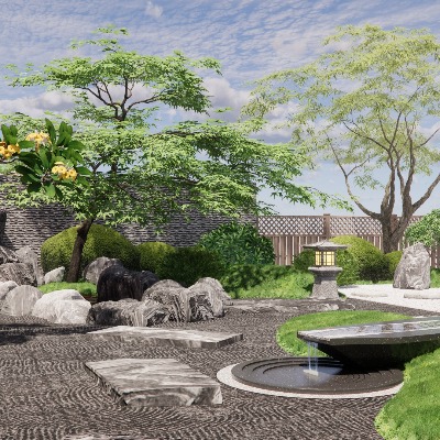  日式枯山水庭院su模型下载 