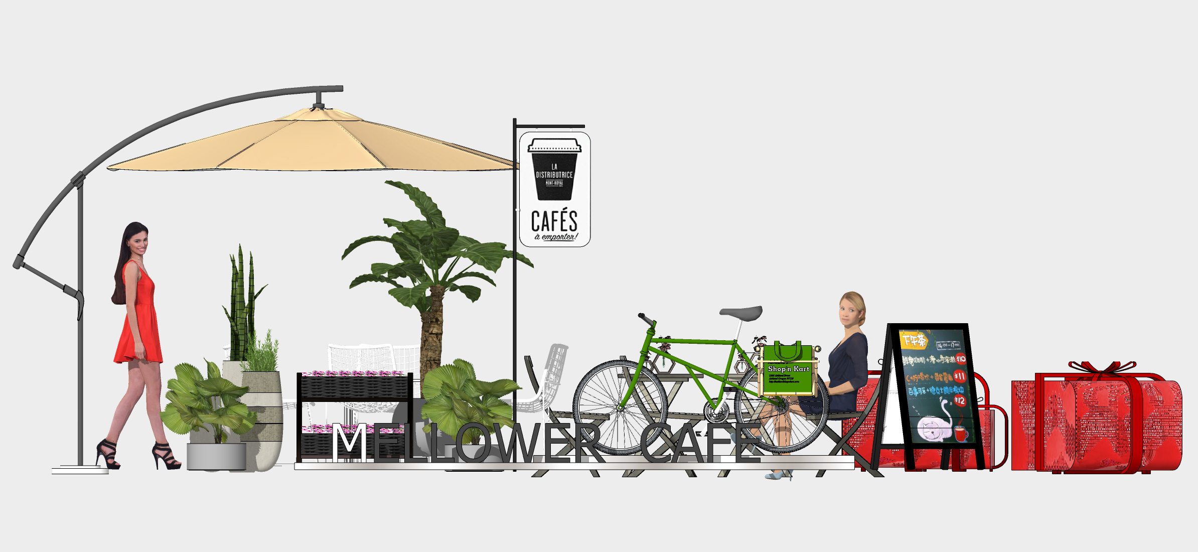  现代风格商业街景观 户外座椅 外摆 遮阳伞 花箱 盆栽 小品su模型下载 