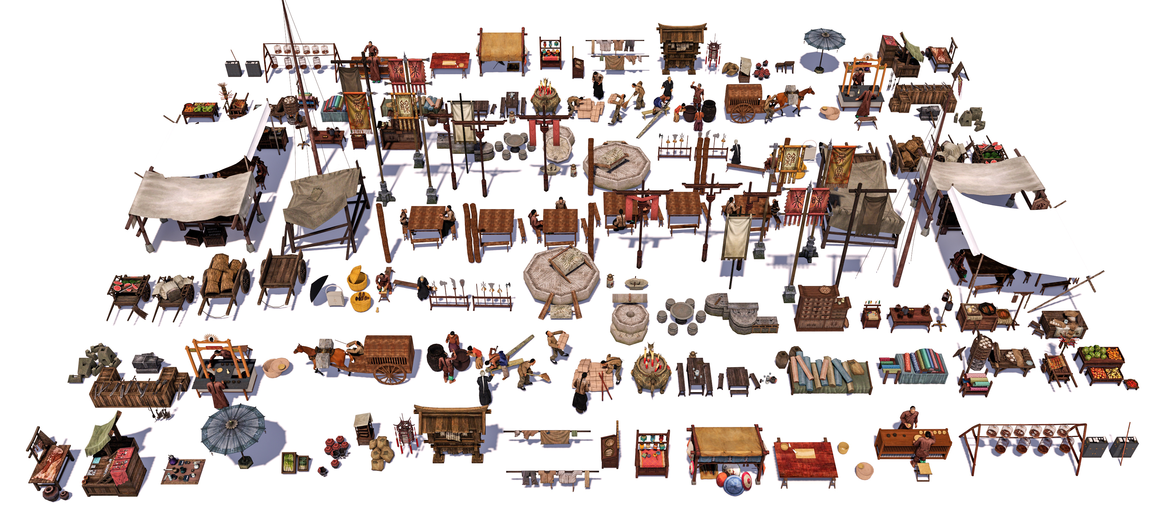  中式小品 农具小品 乡村民俗小品 商业街集市 摊位铺面su模型下载 