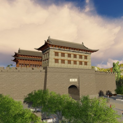  中式古城墙城楼su模型下载 