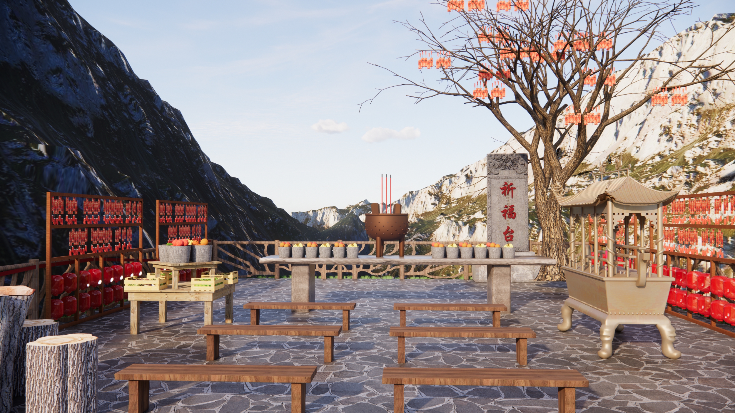  现代祈福广场景观 天台祈福 许愿树美陈 许愿景观树 祈福长廊 同心锁su模型下载 