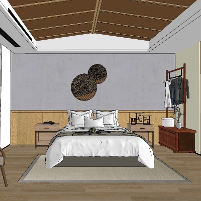  自然风民宿酒店客房su模型下载 