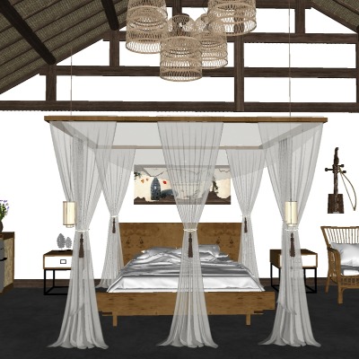  东南亚酒店客房su模型下载 