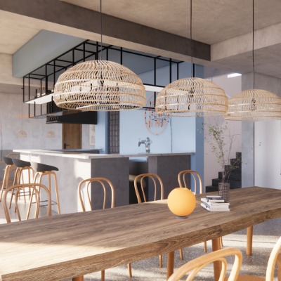  现代侘寂风民宿大堂su模型下载 