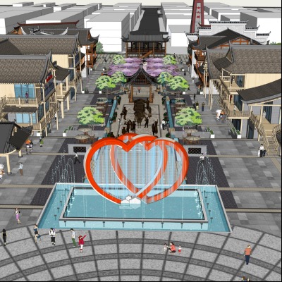  中式古建商业街su模型下载 