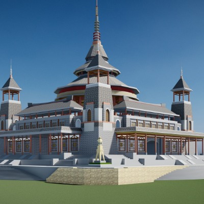  新中式古建宫殿建筑外观su模型下载 