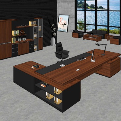  现代实木大班台文件柜su模型下载 