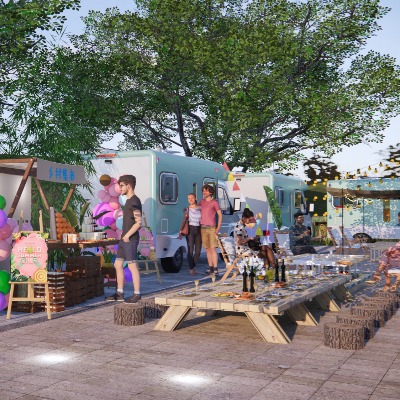  新中式外摆乡村集市摊位su模型下载 