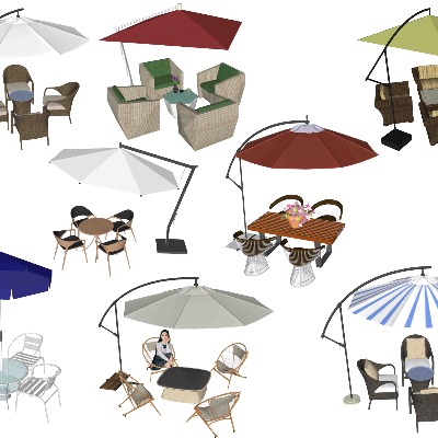  现代遮阳伞户外桌椅su模型下载 