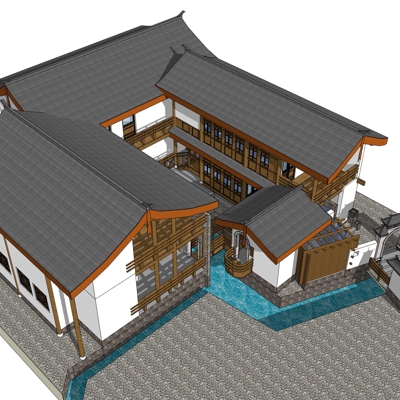  中式客栈酒楼su模型下载 