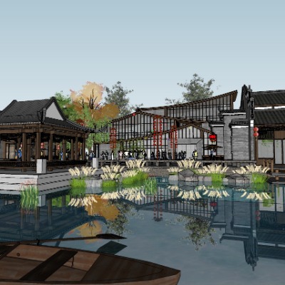  中式古镇商业街su模型下载 