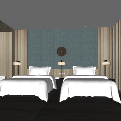  现代酒店双床客房su模型下载 