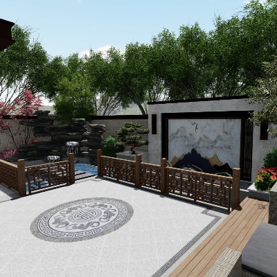  新中式别墅庭院景观su模型下载 