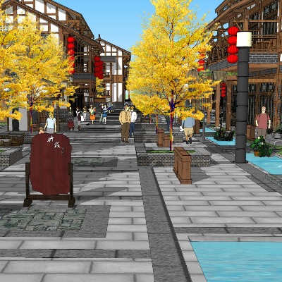  中式古镇商业街su模型下载 