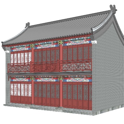  中式古建祠堂建筑外观su模型下载 