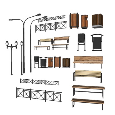 现代实木户外公共座椅su模型下载 