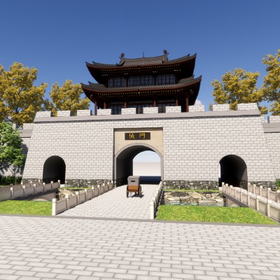  中式古建城门城楼su模型下载 