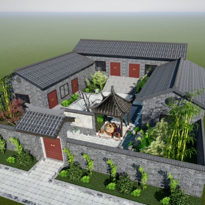  中式古建乡村四合院su模型下载 