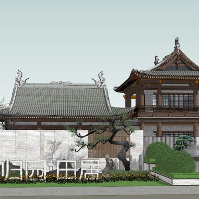 中式古建酒店外观su模型下载 