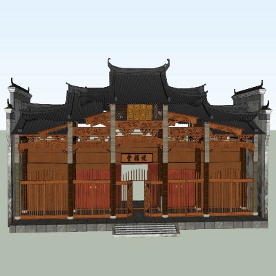  中式古建祠堂外观su模型下载 