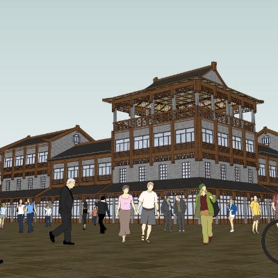  中式仿古商业街su模型下载 