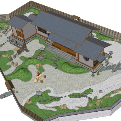  日式庭院景观su模型下载 