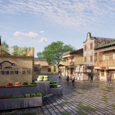  新中式小镇商业街 风貌改造 民宿建筑 餐饮建筑su模型下载 