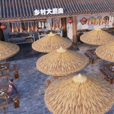  新中式乡村坝坝宴 农村大厨房 农村宴席场景su模型下载 