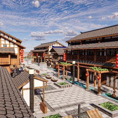  新中式古建商业街su模型下载 