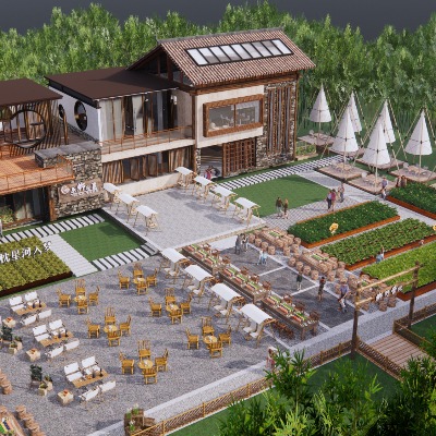  新中式生态农场庭院景观 乡村民宿 民宿建筑 景观菜地su模型下载 