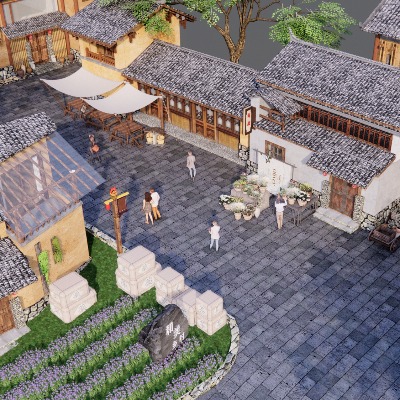  新中式乡村庭院 乡村民宿 民宿院落 庭院建筑su模型下载 