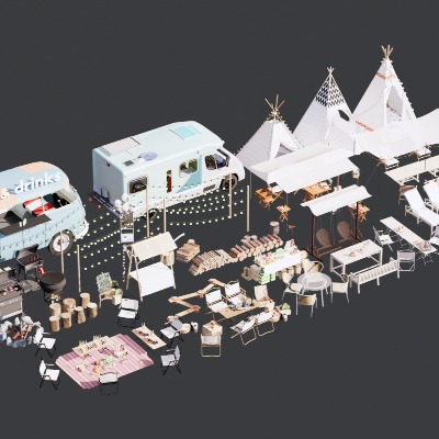  露营帐篷 餐车 露营桌椅 户外桌椅su模型下载 