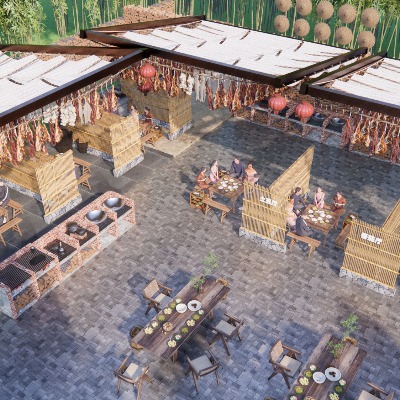  现代乡村美食街 火锅庭院 网红餐厅农家乐su模型下载 