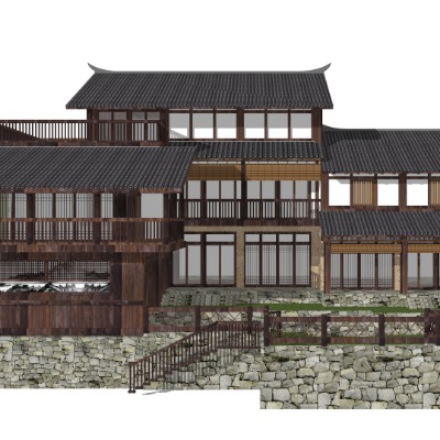  新中式古建民居外观su模型下载 